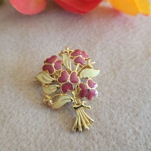 Vintage Metal and Enamel Brooch with Bouquet of Heart Flowers